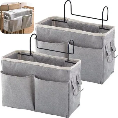 Produktbild von Unyqoos® Bett-Organizer 2er-Set aus Baumwolle/Leinen – hängende Nachttischtasche mit 1 großem + 2 kleinen Fächern, Netzfach, 2 Haken, Antirutsch, U-Metallschnalle, bis 4,5 kg