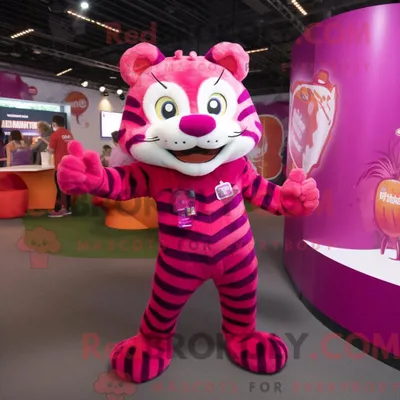 Produktbild von Magenta REDBROKOLY Tiger Maskottchen Kostüm Charakter bekleidet mit Latzhose und Haarnadeln