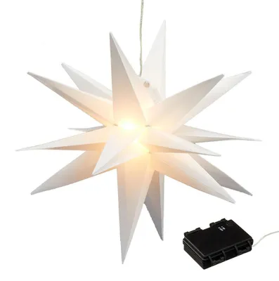 A white star-shaped lantern with internal lights and a separate battery pack.