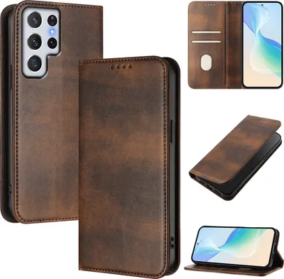 Produktbild von Handyhülle für Samsung Galaxy S22 Ultra 5G, Vintage Leder RFID Schutz Kartenfach Standfunktion Magnetische Klapphülle Braun