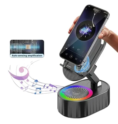 Produktbild von 5-in-1-Handyhalterung, mit Bluetooth Lautsprecher und 3000 mAh Notfall-Akku,Verstellbarer 300° Rotation Tischhalter für Streaming & Musik, Schwarz