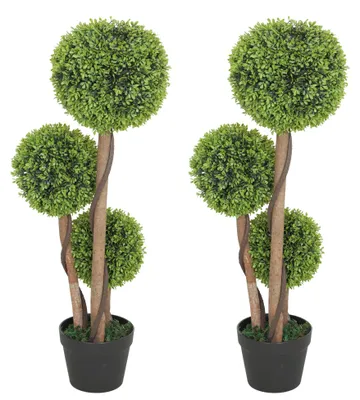 Image de Buxus artificiel - Plante décorative en pot - Lot de 2 - 90 cm - Résistant aux UV - En polyéthylène (PE) - Pour l'extérieur