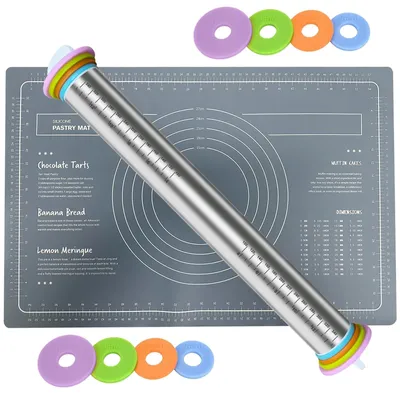 Productafbeelding van RVS Deegroller met Siliconen Mat - 42 cm