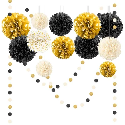 Produktbild von Seidenpapier Pompons Deko 15 Stück Schwarzes Gold Party Dekoration