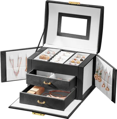 Image de (Noir) Organisateur de bijoux Boîte à bijoux, grande boîte de rangement de bijoux filles Cuir synthétique Tiroir Boîtes à bijoux pour boucles d'oreilles Bague Collier