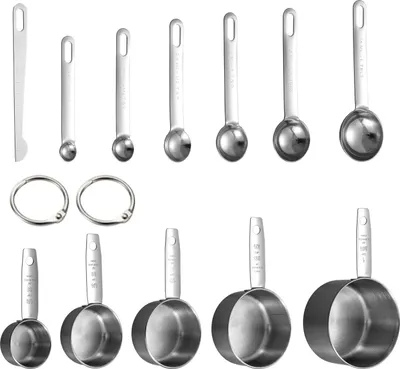 Produktbild von 12-teiliges Messbecher- und Löffelset: 5 ineinander stapelbare Edelstahl-Messbecher, 6 Messlöffel, 1 Messstab – Küchenhelfer zum Backen und Kochen