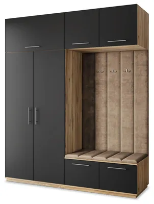 Produktbild von Masseno Garderobe-Set REMA 200/240/60 cm Modern Garderobenschrank Eiche Wotan, Veloursstoff MONOLITH 09 (Beige)
