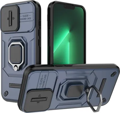Immagine prodotto di Custodia per iPhone 13 Pro a doppio strato con protezione scorrevole per la fotocamera e supporto per l'anello, stand blu
