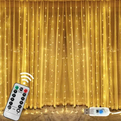 Obrázek produktu pro LED světelný závěs 3x3 m 300 teplá bílá USB 8 režimů dálkové ovládání voděodolné dekorace okno terasa - CurtainLED