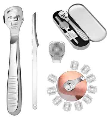 Produktbild von Hornhauthobel Set,Hornhautentferner, Hornhautraspel Fuß,Hornhautscharber für Fußpflege,Fußhobel mit Edelstahlgriff,10 Klingen,Pedikürmesser und Box