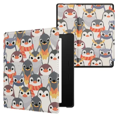 Produktbild von kwmobile Schutzhülle für Amazon Kindle Oasis 10. Generation Hülle - eReader Flip Case mit Auto Sleep Funktion - Pinguine mit Grau Gelb Braun