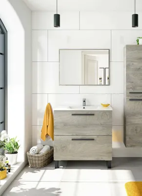 Produktbild von Unterschrank mit Spüle Yonkers, Badezimmerschrank mit 2 Schubladen, Hängeschrank mit Spiegel, Waschbecken nicht enthalten, 80x45h80 cm, Eiche