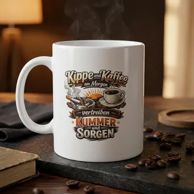 Produktbild von Kippe und Kaffee Lustiger Spruch Tasse 335ml, Keramik Kaffeetasse mit beidseitigem Design, Fan-Geschenk für Sammler