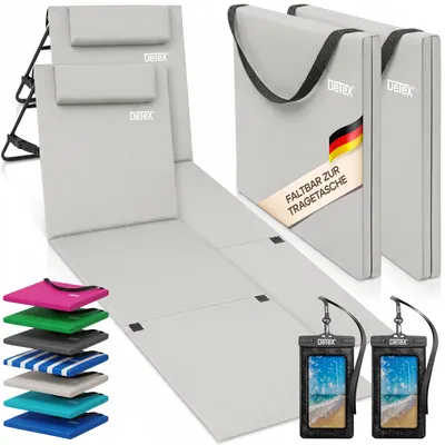 Produktbild von DETEX® 2x Strandmatte mit Rückenlehne Gepolstert Creme Sonnenliege klappbar UV-beständig Tasche Reißverschluss Kissen Tragegurt Garten Camping Picknick Liegematte 158x56cm