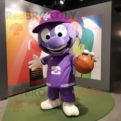 Immagine prodotto di Personaggio del costume della mascotte REDBROKOLY del pallone da calcio viola vestito con una maglietta da baseball e valigette