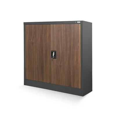 Zdjęcie produktu dla JAN NOWAK Niska Szafka Metalowa Komoda Biurowa Dwudrzwiowa 90x93x40 | Regulowana Półka Ryglowany Zamek Mała Szafa Do Biura | Antracytowa/Orzech