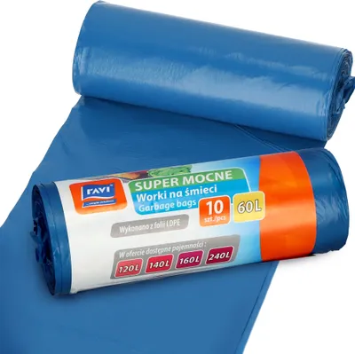 Zdjęcie produktu dla Worki na śmieci RAVI, 60L, 10 sztuk, niebieskie, worki z folii LDPE, wytrzymałe worki, worki na śmieci odporne na rozdarcia, worki na śmieci do kuchni, garażu