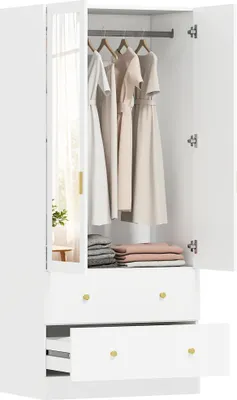 Obrázek produktu pro Šatní skříň do ložnice – šatní skříň – 2 dveře – 2 zásuvky – zrcadlo – tyč na ramínka – 80×50×180 cm – bílá