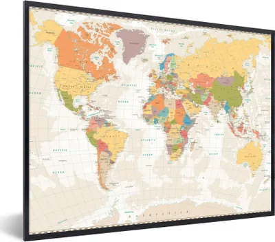 Produktbild von MuchoWow® Gerahmtes Poster Weltkarte - Retro - Farben - Pädagogisch - Statistisch 40x30 cm - Poster mit Schwarzem Bilderrahmen Wandposter Rahmen Foto Bilder - Kunstposter - Wanddekorationen