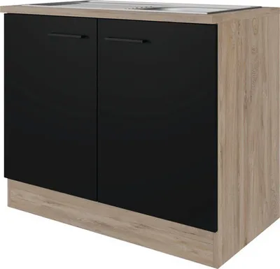 Obrázok produktu pre Kuchynská skrinka pod drez vr. drezu Flex Well Capri ŠxHxV 100 x 60 x 85 cm čelo čierna matná korpus divoký dub