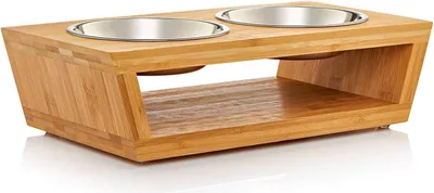 Produktbild von Famanu Futterstation für Haustiere mit erhöhtem Bambusgestell - 4 Edelstahlschalen