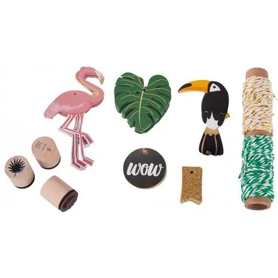 Produktbild von Rayher Geschenkanhänger-Set, Tropisches Design, 5 Anhänger, 10 Verzierungen