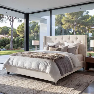 Immagine prodotto di Letto imbottito HWC-N59, letto matrimoniale con rete a doghe, legno massiccio tessuto/tessuto 180x200cm ~ crema-beige