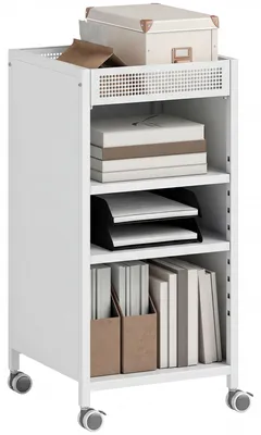 Produktbild von HOMCOM Bücherregal mit Rollen, Bücherwagen mit oberem Aufbewahrungskorb Weiß