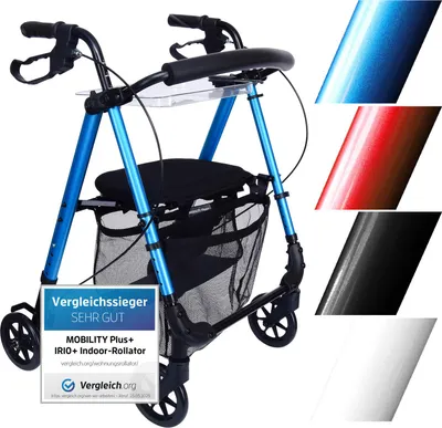 Produktbild von Leichter Indoor Rollator IR10+ Rot - Wohnungsrollator schmal & faltbar - inkl. Rückengurt, Netztasche & Tablett - MOBILITY PLUS+
