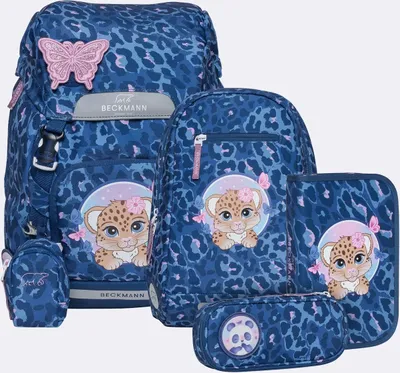 A collection of children's school bags and accessories with a leopard print design and cartoon cheetah motifs.