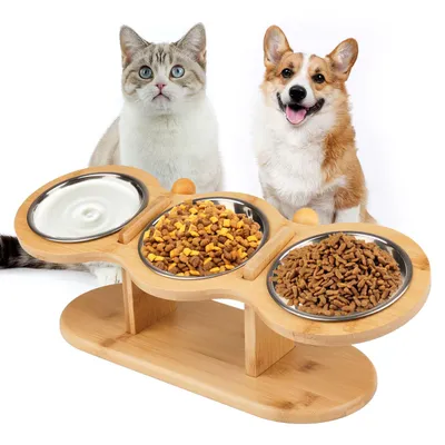 Produktbild von Katzennapf Erhöht, Futterstation Katzen mit 3 Edelstahl Schüsseln, Futternapf Katze Erhöht Höhe Verstellbar mit Holz Ständer