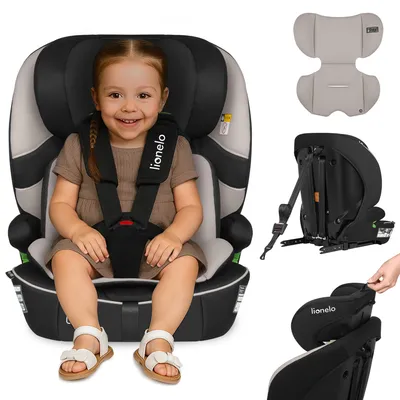 A child is sitting in a car seat, with other parts of the car seat shown separately.