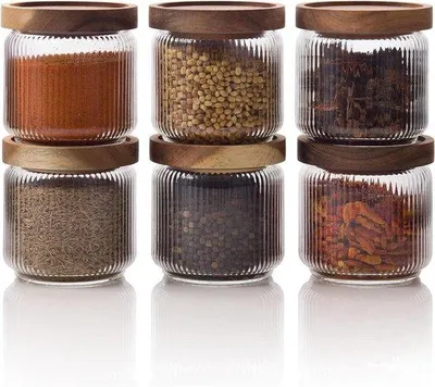 Produktbild von Gläserne Keksdosen mit stapelbarem und luftdichtem Holzdeckel - Vorratsdosen für Kekse, Tee oder Zucker für Küche, Vorratskasten, Bar oder Bad (350 ml)
