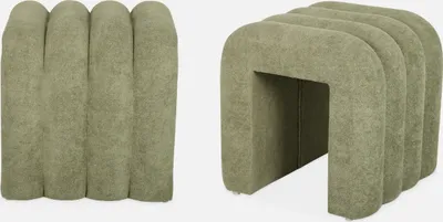 Two views of a contemporary green fabric-covered stool.