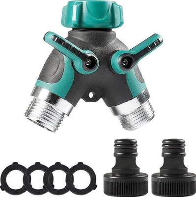 Produktbild von Gartenhose Doppelsplitter Y-Verbindung 2-fach Stahlkörper Robuster Connector, Wasserhahnadapter mit 2 Schnellkupplungen und 4 Gummi-Enden für Außenbereich und Wasserschlauchverbindung