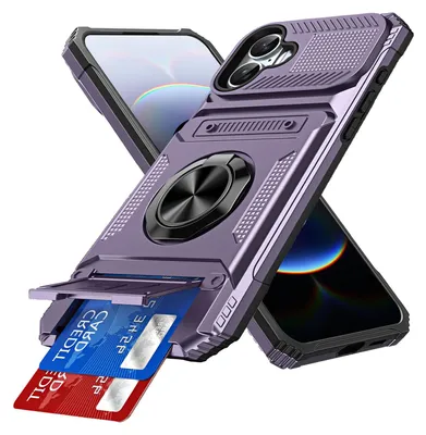 Produktbild von Dual Layer Hülle für iPhone 16 mit Kartenhalter, Magnetische Ring Ständer Militärschutz Stoßfeste Handyhülle Lila