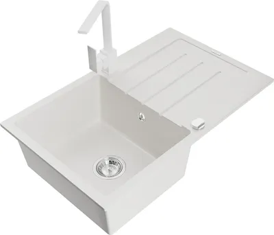 Produktbild von Mexen Bruno 1 Becken-Granitspüle mit Abtropffläche und Mischbatterie Rita, Weiß - 6513-20-670300-20