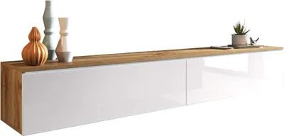 Produktbild von MIRJAN24 TV-Lowboard Detroit D180, Stilvoll TV-Tisch, 2 Türen, Modern Wohnzimmer (Wotan / Weiß Hochglanz, ohne Beleuchtung)