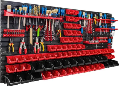 Obrázek produktu pro Skladovací systém Dílenské regály | 172 x 78 cm | 74 ks. Box | Nástěnný regál s držáky na nářadí a stohovatelnými boxy - Nástěnné desky Extra silné regály s přihrádkami Nástěnná deska s otvory pro nářadí Skladovací regály Garážové regály