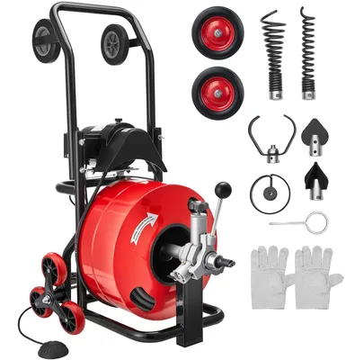 Produktbild von Rohrreinigungsmaschine φ19 mm x 30 m, Reinigungsspirale mit Automatischer Zufuhr, Mehrradkombination, 6 Schneidwerkzeugen & Pneumatischem Fußschalter für Rohrdurchmesser von 100 bis 200 mm