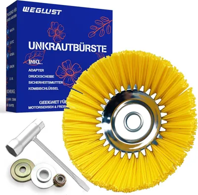 Produktbild von Nylon-Unkrautbürste für Rasenmäher, 200 x 25,4 mm, mit Drahtbürste und Nylonborsten (gelb)