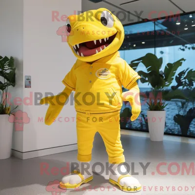 Produktbild von Maskottchen REDBROKOLY eines zitronengelben Hais mit Henley-T-Shirt und Broschen