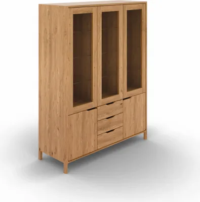 Produktbild von Vitrine Swig 140x188 aus Wildeiche massiv geölt 2 Türen 3 Glastüren 3 Schubladen