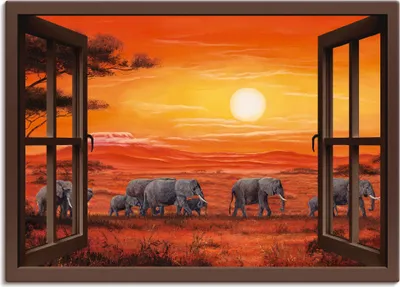 Produktbild von ARTland Leinwandbild Fensterblick - Elefantenherde Größe: 70x50 cm