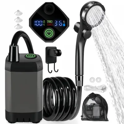Produktbild von Campingdusche mit 6000mAh & Digitalanzeige, 2 Modi, einstellbarer Duschkopf, IPX7 wasserdicht – ideal für Outdoor, Haustier, Garten & Notfall