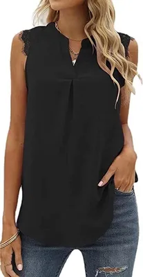 Produktbild von ASKSA Damen Ärmellose Bluse Elegant Spitzen Chiffon Tops Hemd V-Ausschnitt Sommer Casual Shirts, Schwarz, XL