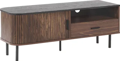Produktbild von BELIANI TV-Möbel Dunkler Holzfarbton / Schwarz zusätzlichen Stauraum mit Schiebetürschrank und Loch für Kabel Rechteckig Wohnzimmer Retro-Stil