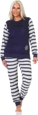 Produktbild von Geringelter Damen Frottee Schlafanzug langarm Pyjama mit Eiskristall ; navy , 40-42