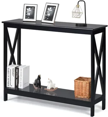 Immagine prodotto di Tavolino da salotto con 2 ripiani, tavolino TV, tavolino di design industriale, tavolino da ingresso con struttura a X per soggiorno e ingresso, nero