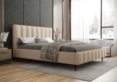 A bedroom scene with a bed, nightstand, and window.